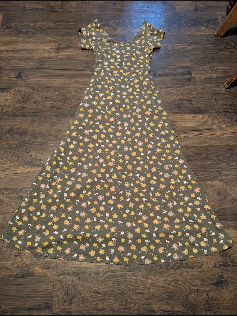 Pact Cross-Back Olive Maxi Dress with Yellow & Blush Floral Print
